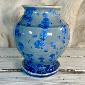 Artisan Crystalline Glazed Signed HL Pottery Decorative Curio Blue Floral Vase